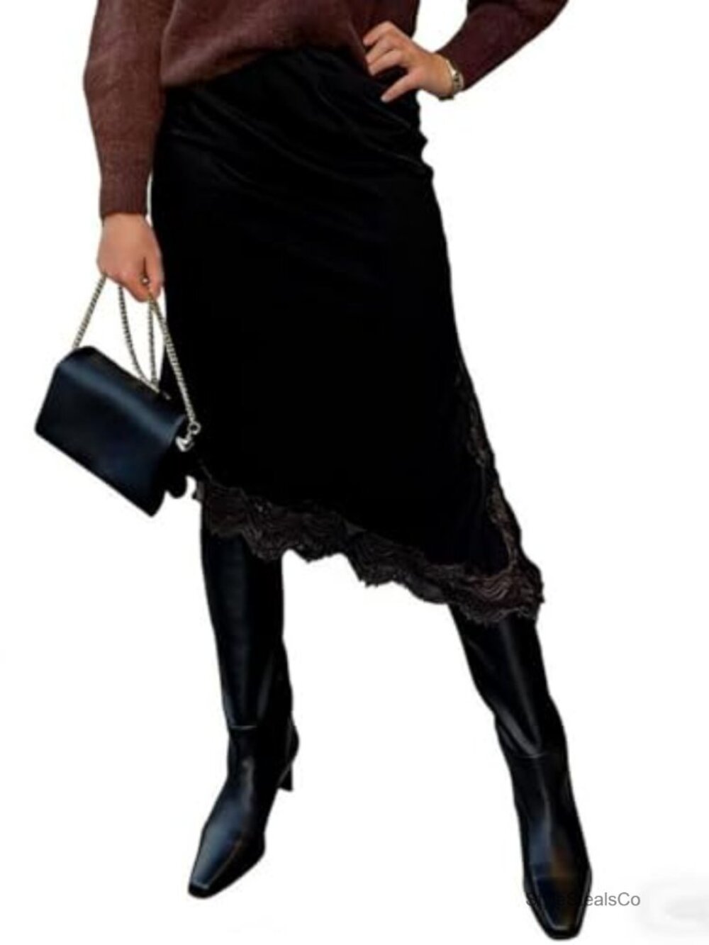 Satin Lace Trim Asymmetric Hem Midi Skirt Elastic Waist
